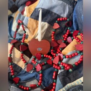 Vintage Wooden Heart Candle Holder And Beaded Garland Lot